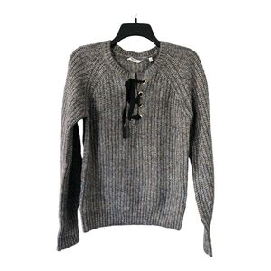Naf Naf Womens Sweater Gray Sz M Tie Front Crew Neck Long Sleeve Knit Academia